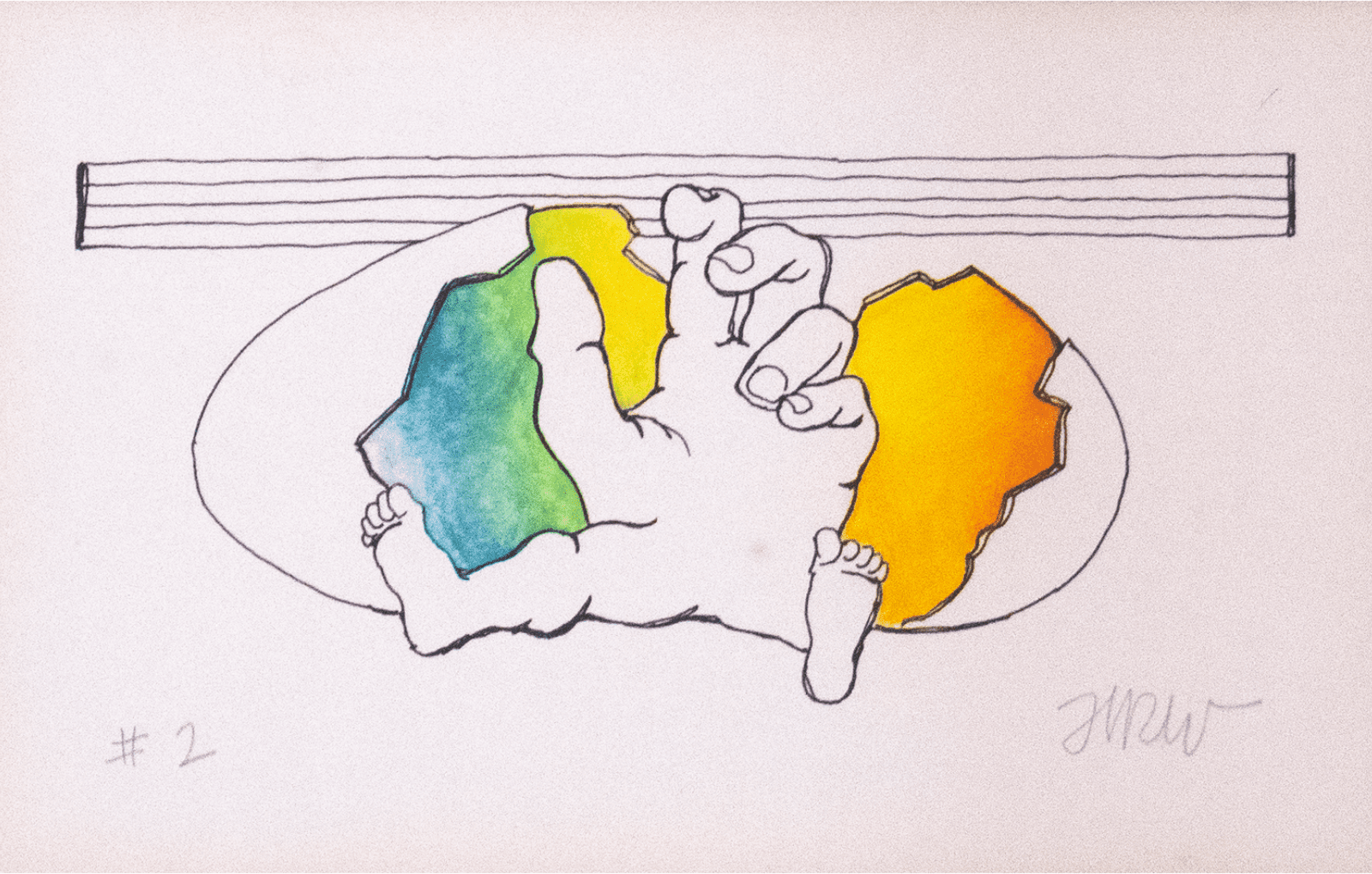 A hand drawn image of a human hand with a pair of human legs and feet hatches from an egg. An empty line of sheet music is behind the being.