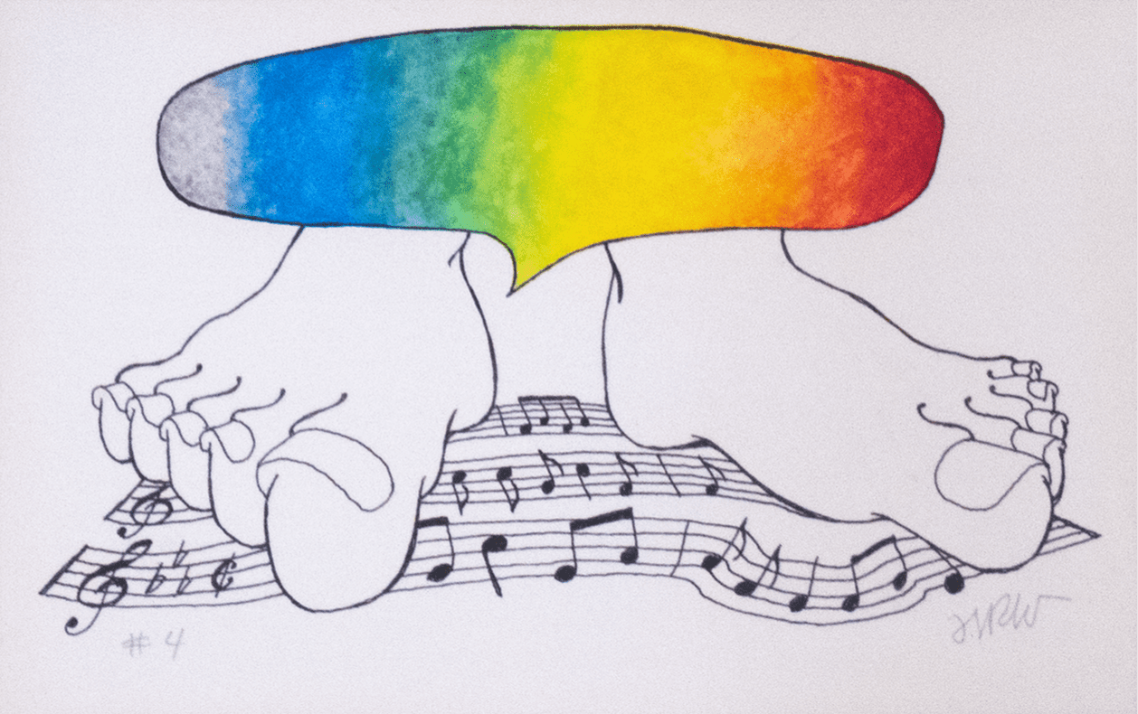 A hand drawn image of two human feet standing on music notes.