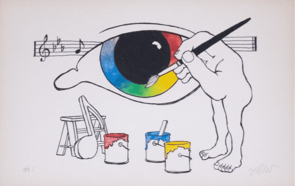A hand drawn image of a human hand with a pair of legs and feet is holding a paint brush and painting an eyeball. A line of sheet music is behind the eyeball.
