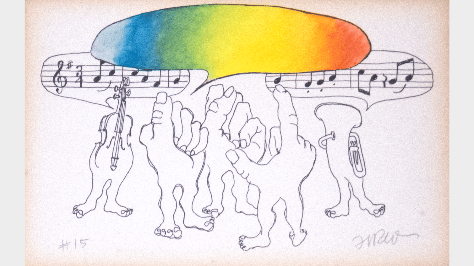 A hand drawn image of three human hands each with its own set of human feet. They use American Sign Language to sign A, B, C. A violin with human feet and a tuba with human feet stand on either side of the group of hands.