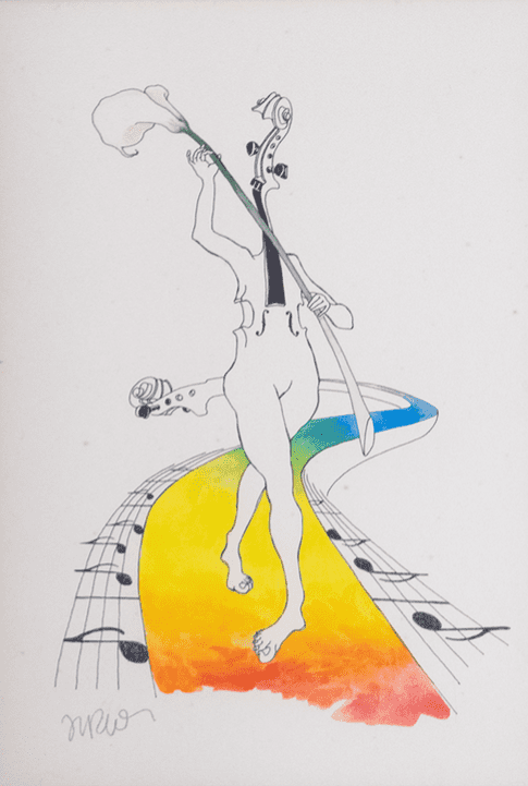 A hand drawn image of a violin with the lower half of a womanly figure and arm.