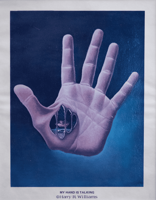 An oil on canvas painting depicts an open human hand with a tear in the palm revealing a pair of lips.