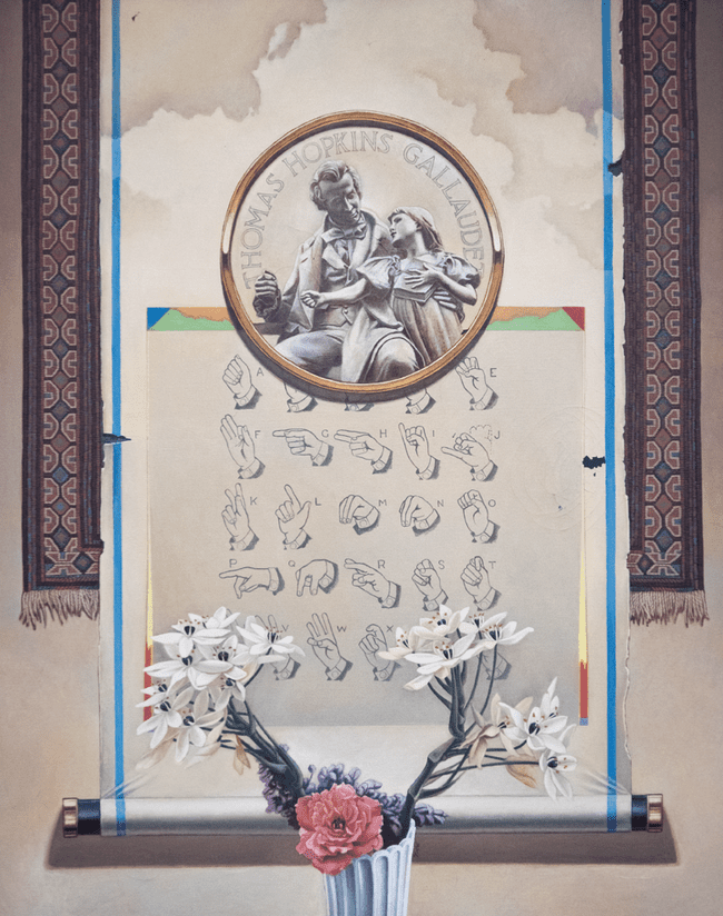 An oil on canvas painting depicts a scroll with human hands signing each letter of the alphabet, and at the top of the scroll child leans into a man. Thomas Hopkins Gallaudet is written above the people. There is a vase of flowers in front of the scroll.